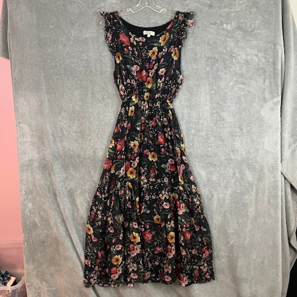 Le Ragazze Maxi Dress Womens L Silk Floral Flutter Sleeve Made in Italy Romantic